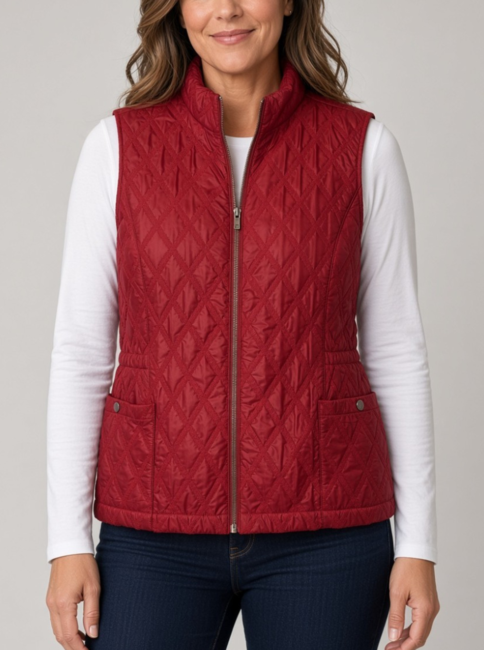 Zenergy By Chicos Vest Size Large (2) 12/14 Red Quilted Full Zip Snap Pockets